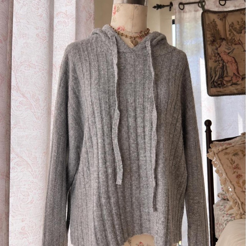 gray hoodie soft knit sweater long sleeve ribbed knit hoodie jacket